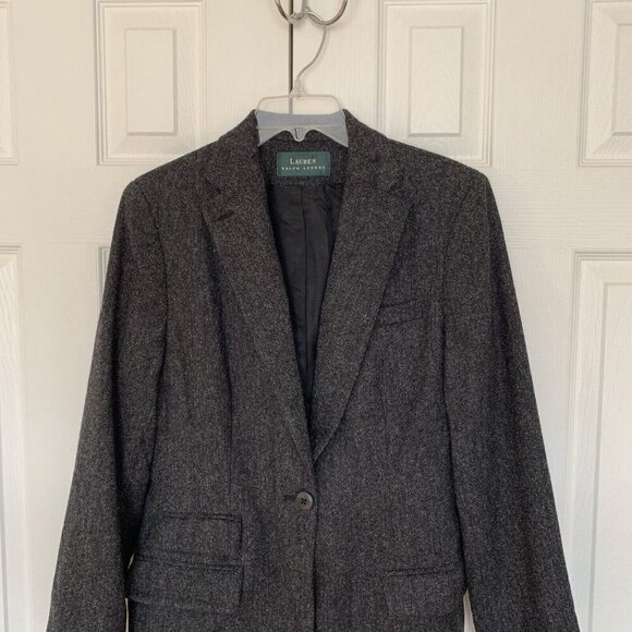 Lauren Ralph Lauren Womens 10 Single Breasted Long Jacket Black Gray Wool Tweed - Picture 2 of 15